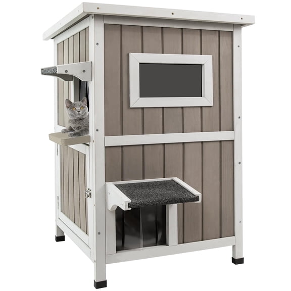 Gowoodhut Outdoor Cat House, 2-Story Feral Cat House with Escape Doors for Outside, Weatherproof