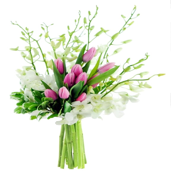 KaBloom :10 Pink Tulips, 10 White Dendrobium Orchids, 6 greens, Next-Day Delivery.
