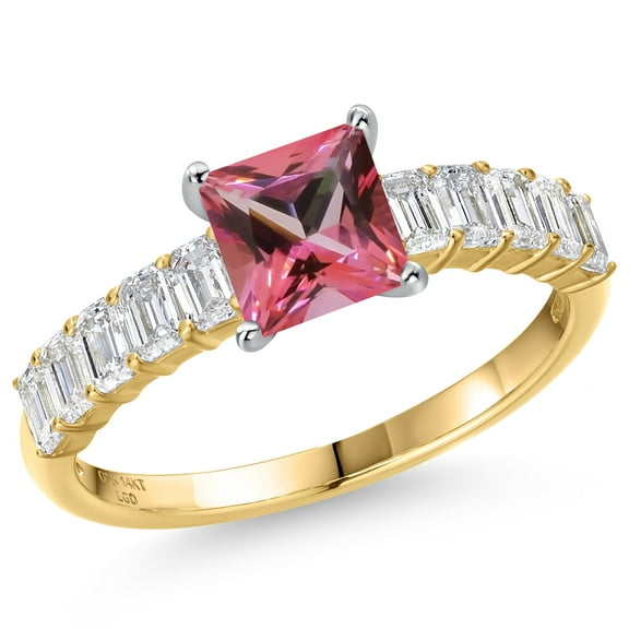 Gem Stone King 14K Two Tone Gold Pink Topaz and Lab Grown Diamond Engagement Ring for Women | 2.20 Cttw | Princess 6MM | Gemstone November Birthstone | Size 7