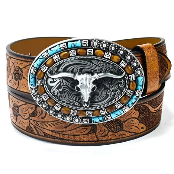 TELOLY Western Belt for Women Men Cowboys Cowgirls Carving Leather Country Belts Bullhead Buckles