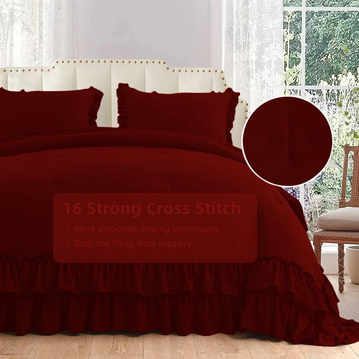 5 Piece Luxury 5 Inch Two Layer Ruffle Comforter 550 GSM All Season (Oversized Queen Size) Premium Super Soft - 800 TC, 100% Egyptian Cotton- Solid Burgundy Colour