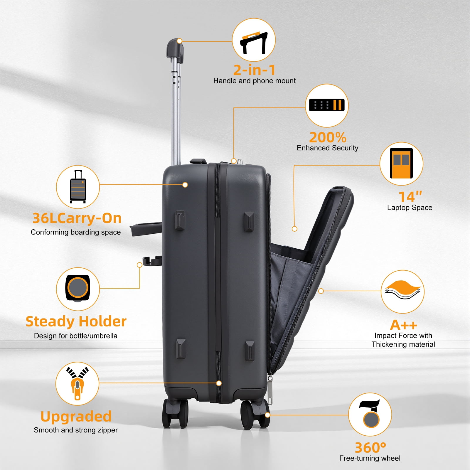 SHUO Y - 20 Inch Carry-On Luggage with Front Laptop Pocket, USB Charger Port & Cup Holder, 360 Degrees Spinner Wheels, Side Hook, Phone Stand , TSA Lock, Hard Shell Suitcase (Black)