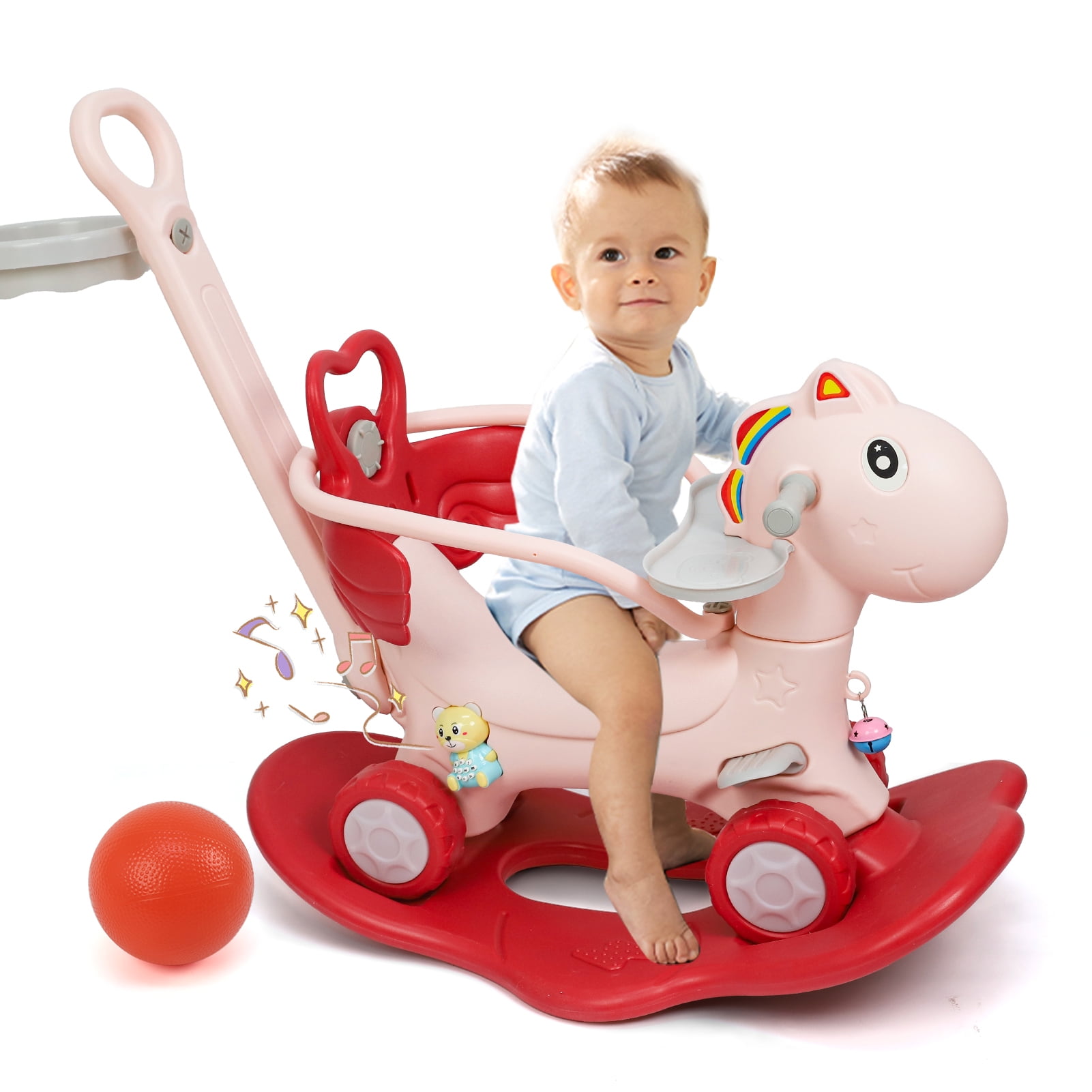 Wdmiya 4 in 1 Rocking Horse Ages 1-3, Baby Rocking Toy Birthday Gift for Toddlers 1-3 Years Old, Balance Bike Ride On Toys with Push Handle, Backrest and Balance Board for Baby Girl and Boy, Pink