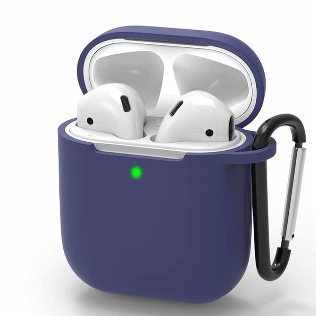 For Airpods Case Compatible With Airpods 1 & 2 Front Led Visible Case Cover Skin With Carabiner Scratch-Resistant Case-Dark Blue