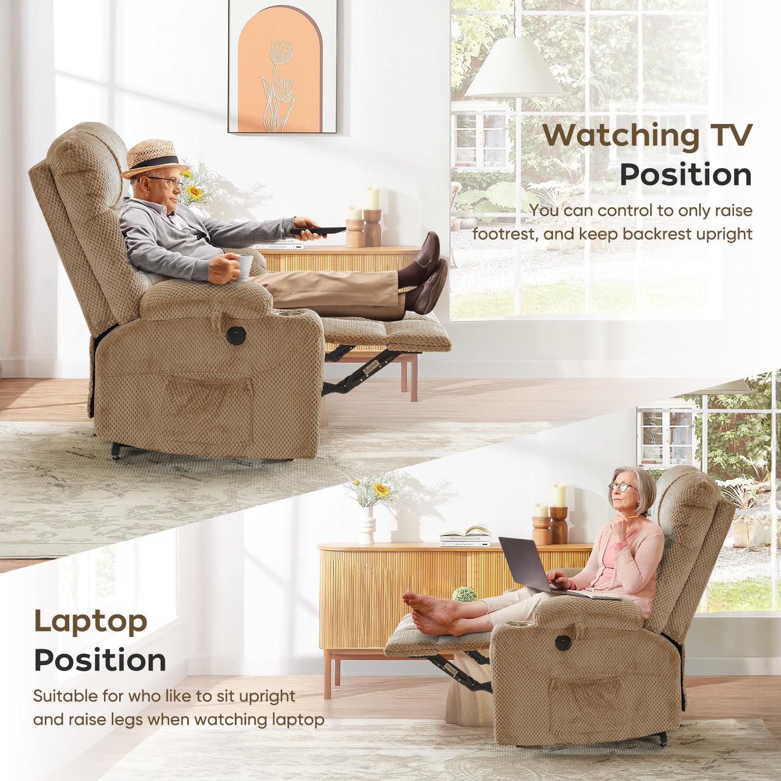 JULY'S SONG Dual Motor Lay Flat Power Lift Recliner Chair with Heat and Massage, USB & Type-C Ports, Large Recliners for Living Room, Oversized Recliner for Adults & Elderly - Beige