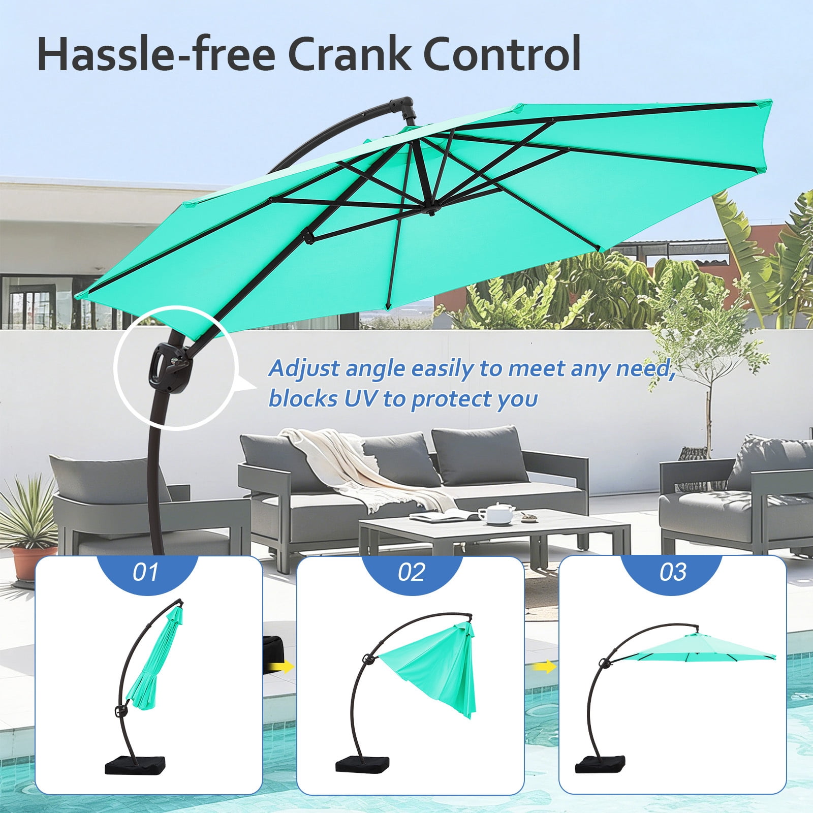 FUNDAZE 11ft Market Patio Umbrella with Base, Curved Cantilever Hanging Sun Shade with Crank & Tilt for Garden, Deck, Poolside,Turquoise