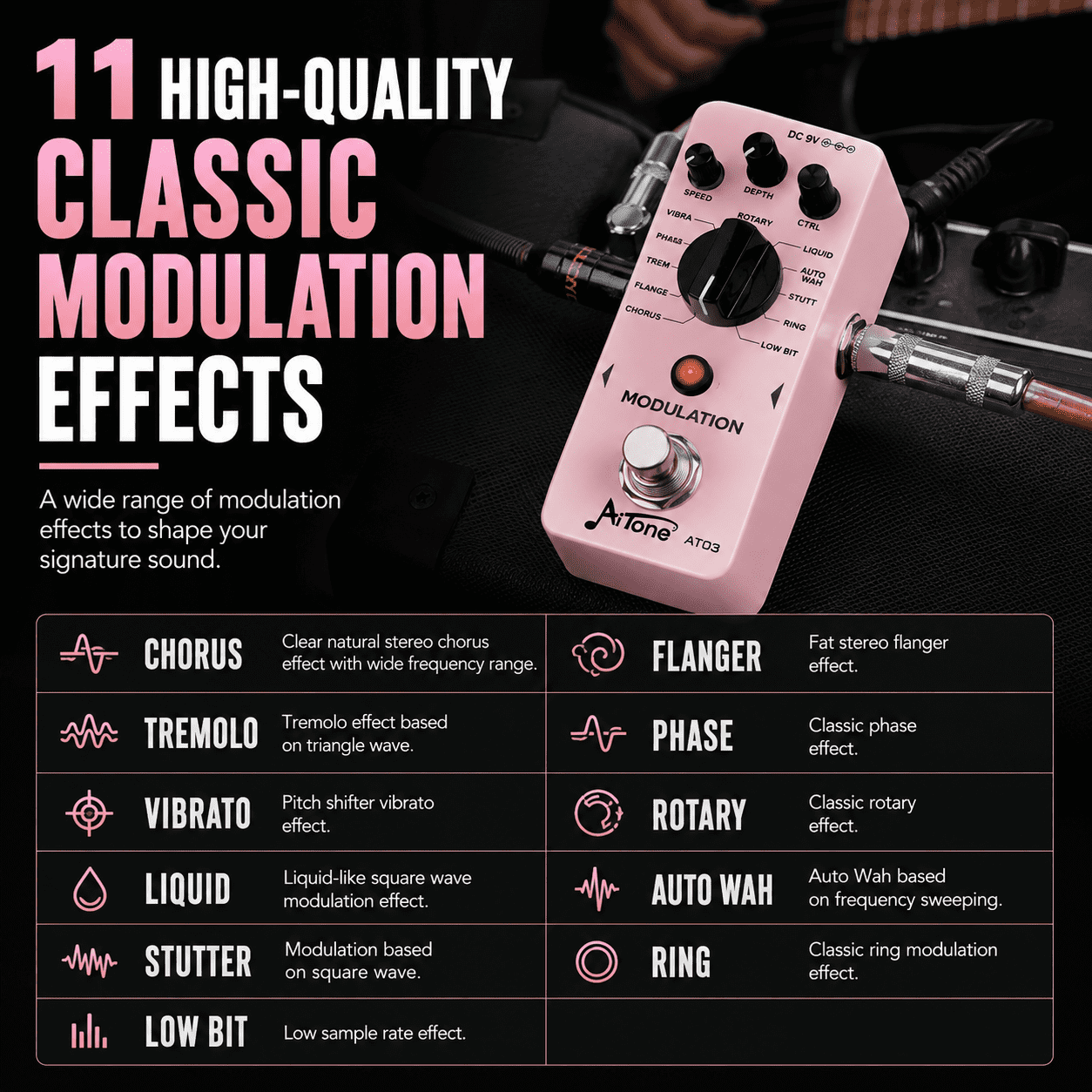 AITONE Modulation Pedal with Chorus Phaser Flanger Tremolo Vibrato Rotary Effects