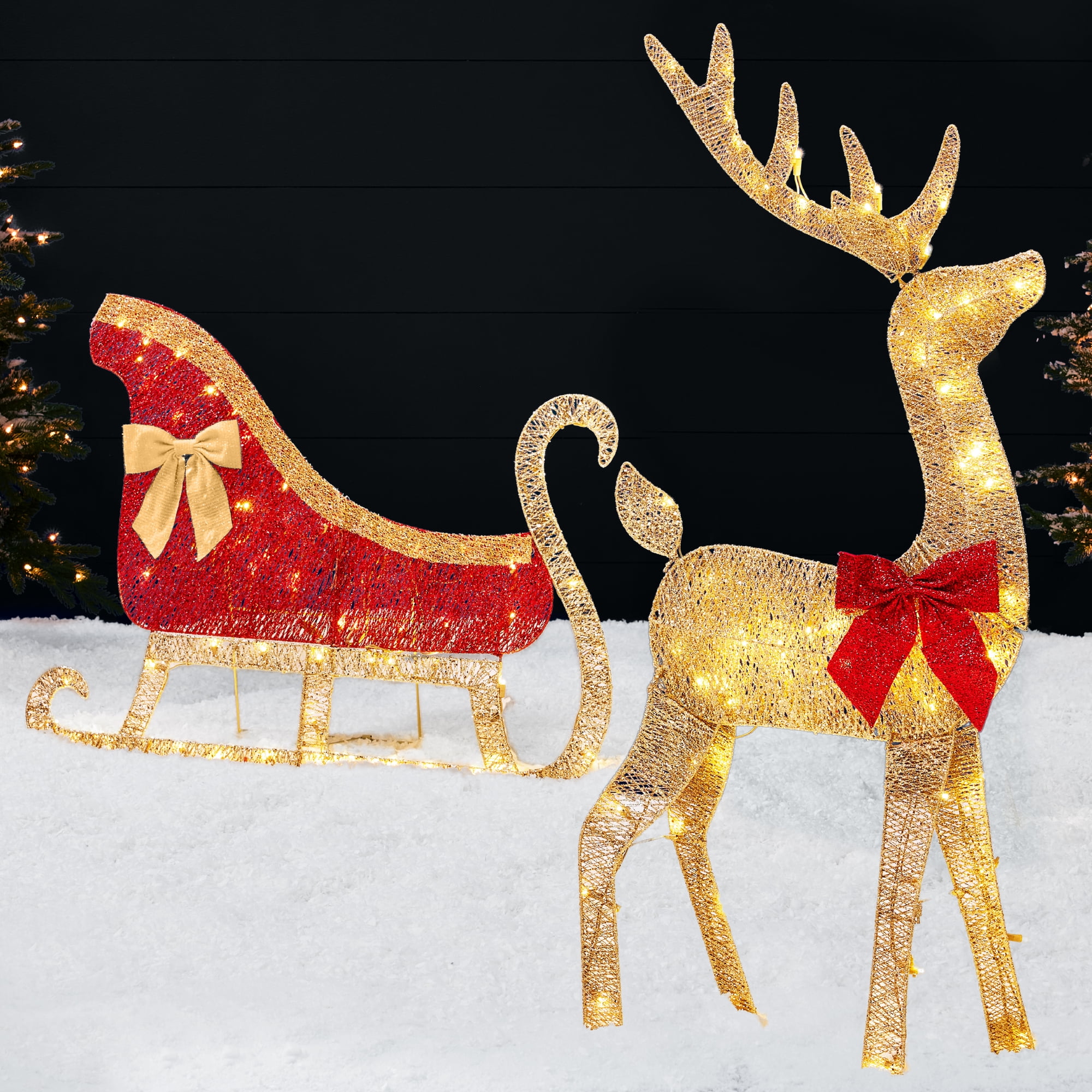 Best Choice Products 4ft Lighted 2D Christmas Reindeer & Sleigh Set Outdoor Decor w/ 140 Warm White LED Lights - Gold