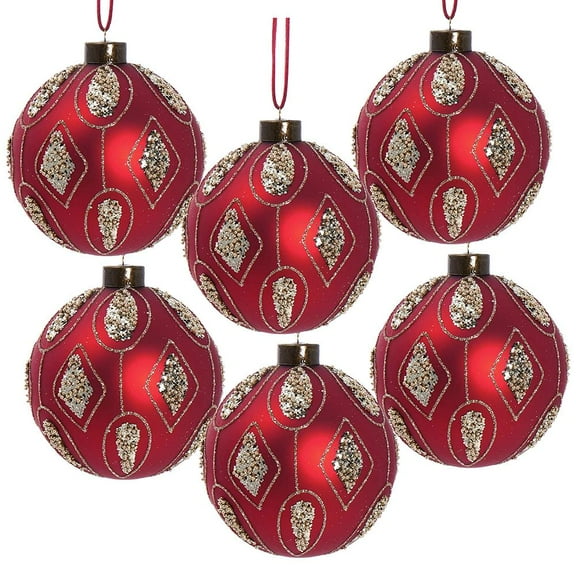 A&B Home Set of 6 Red Glass Ball Hanging Ornaments with Gold Glitter Pattern 3.9" x 3.9" x 3.9
