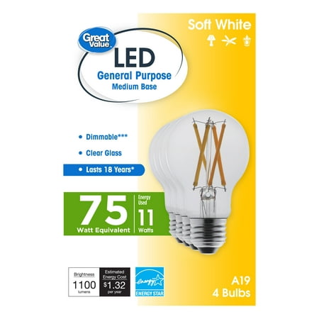 

Great Value 18 Year LED Light Bulbs A19 75 Watts Equivalent 11 Watts Efficient Dimmable Soft White Clear Glass 4 Pack