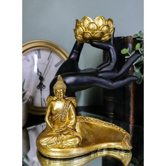 Golden Fire Buddha Meditating By Black Mudra Hand Lotus Votive Candle Holder