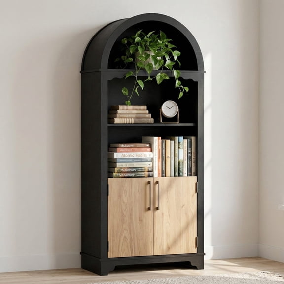 TOPCOMFY Arched Cabinet Bookshelf - 70.9” Tall Mid Century Display Cabinet, Rounded Bookcase with Doors, Open Shelf Storage for Dining Room, Black and Brown