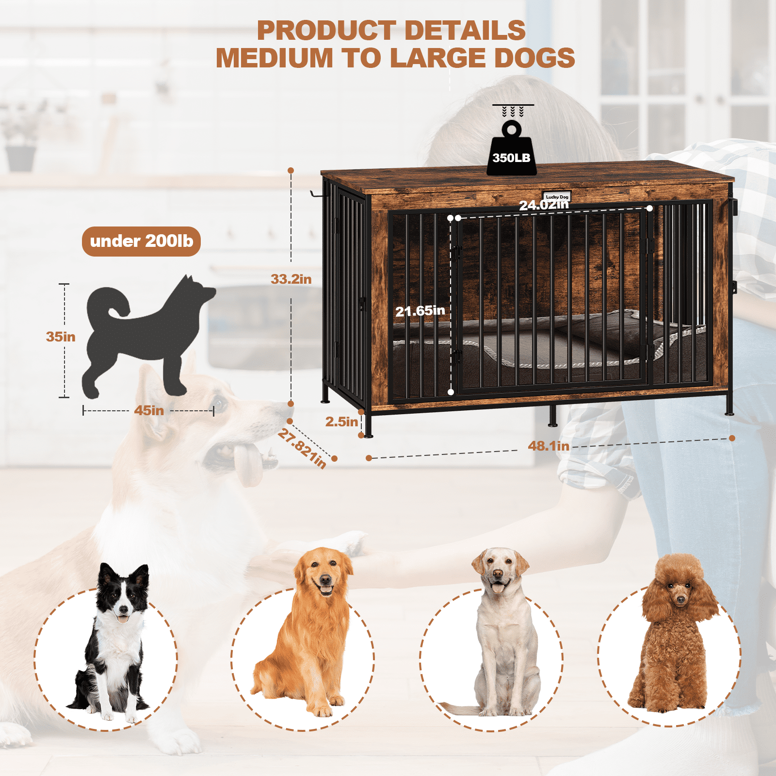 47 Inch Dog Crate Furniture, Large Dog Kennel & End Table, Sturdy Wooden Dog Cage TV Stand with Divider, Decorative Dog House for Medium to Large Dogs