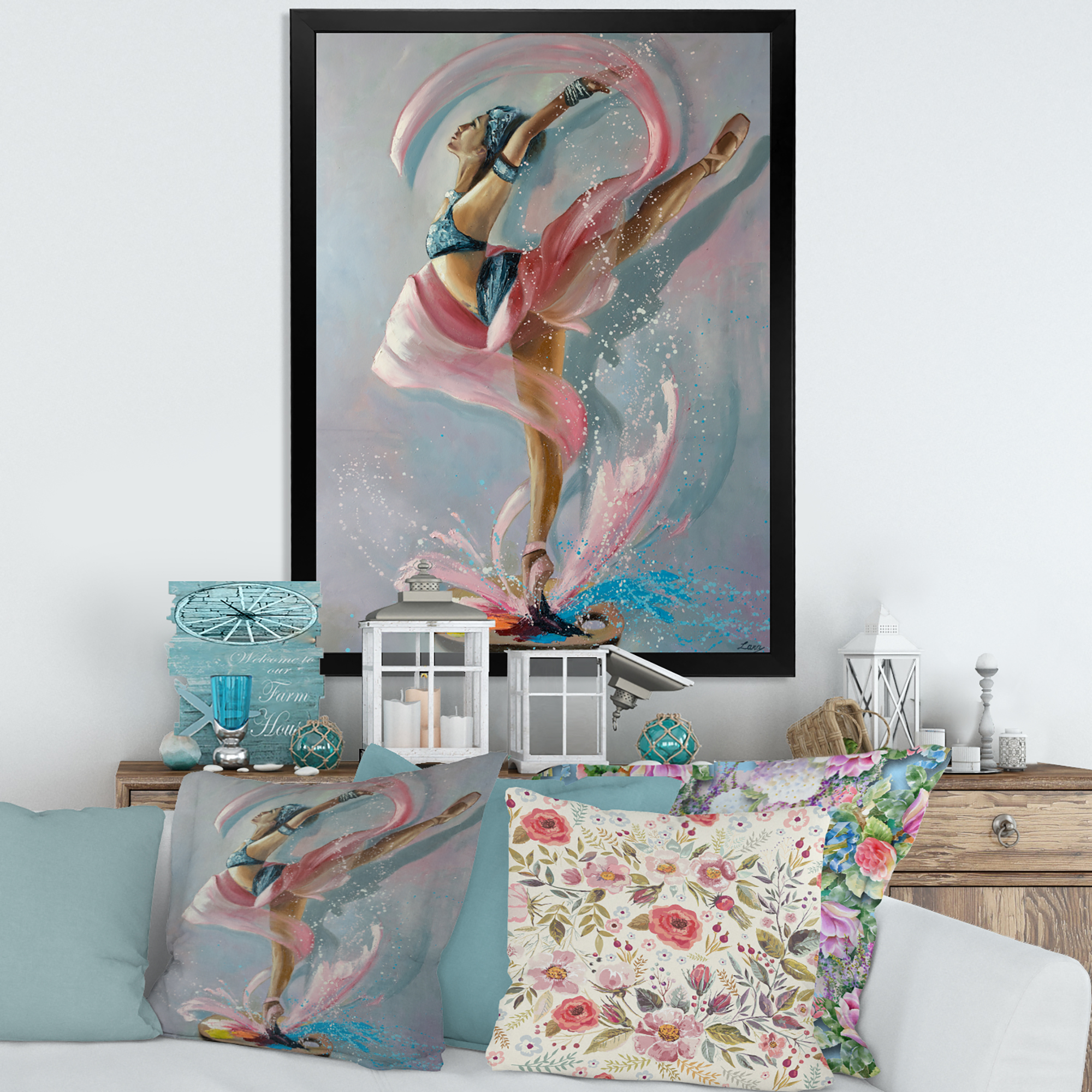 Designart 'Graciously Dancing Girl In Pink Drapes' Traditional Framed Art Print