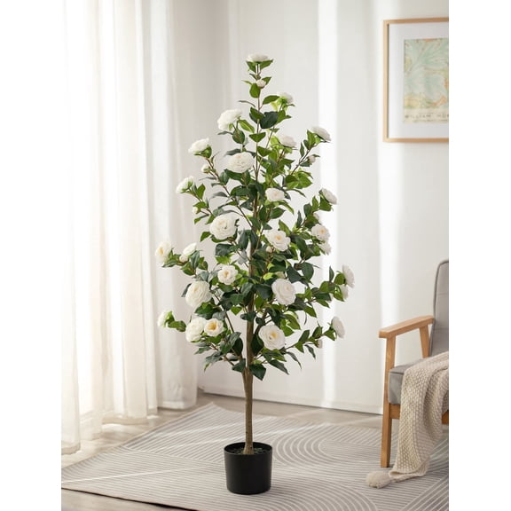 Nuptio 4.9ft Artificial Camellia Trees- Faux Flower Plant for Front Door Porch & Indoor Home Decor 1pc