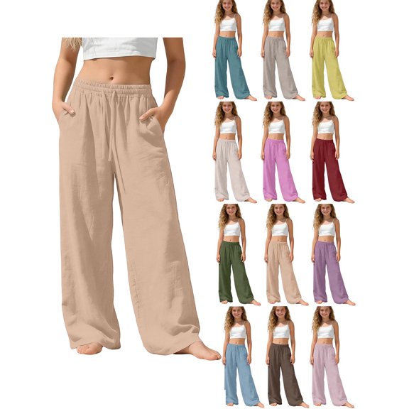 Wide Leg Girls Cotton Linen Drawstring Pants Kids Loose Fit Casual Fashion Long Pants with Pockets