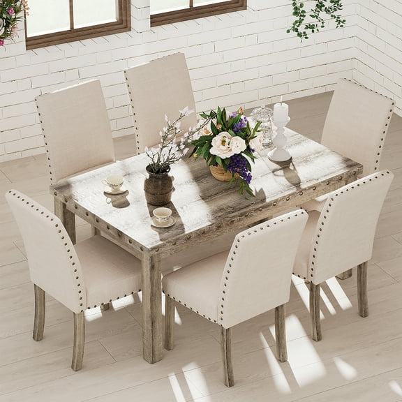 Morden Fort 7 Piece Rustic Wooden Dining Set, Mid-Century Modern Table & Chair Set for Spacious Dining Rooms and Entertaining Guests