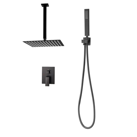 KFFKFF Shower Faucet Set with 12-Inch Square Rain Shower Head and Handheld Spray, Ceiling-Mounted Bathroom System with Brass Valve and Trim Kit, Matte Black