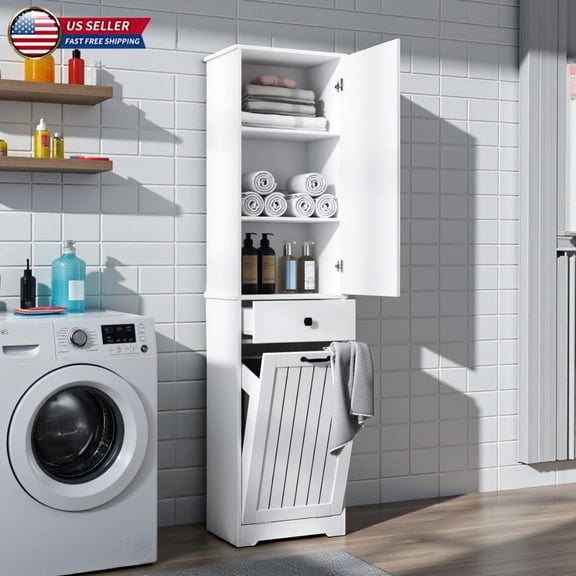 Hassch 71" Tall Bathroom Laundry Cabinet with Tilt-Out Hamper & Removable Cloth Bag, Freestanding Linen Cabinet with Adjustable Shelves & Drawer, Space-Saving Organizer for Small Spaces, White