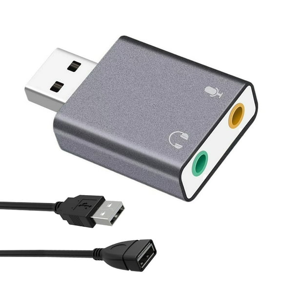 QiShi Aluminum USB Audio Adapter - 3.5mm Headphone/Mic Jack, Virtual 7.1 Sound Card for Windows/Mac, PC/Laptop (Gray)