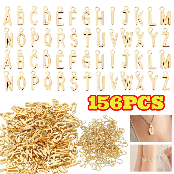 156pcs Gold Letter Charms with 200 Open Jump Rings, Metal Alphabet Charms for Jewelry Making, Bracelets, Necklaces, Keychains, DIY Crafts