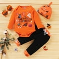 thumbnail image 2 of Mercatoo 𝐍ewBorn Baby Girl Boy Halloween Clothes Long Sleeve Letters Print Romper and Pants Hat Sets 3Pcs Outfit, 2 of 9