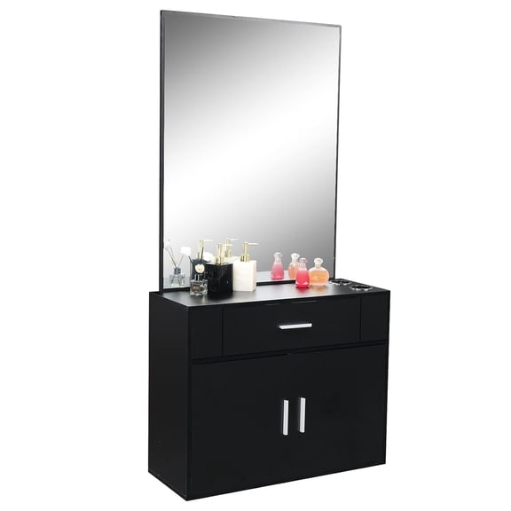 BoldGear Winado Wall Mount Salon Station - Barber Salon Station with Mirror, 1 Storage Cabinet, 2 Hair Dryer Holders for Hair Stylist Beauty Spa Equipment,Black