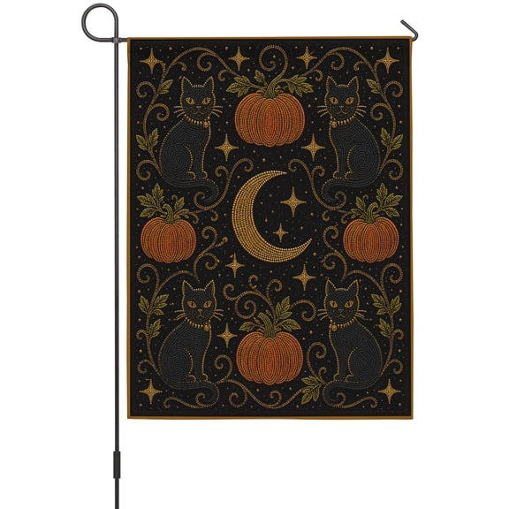 Halloween Black Cat Garden Flags For Outdoor, Fall Mystical Whimsical Pumpkin Leaf Star Moon Small Double Side Yard Flags Weather Proof Garden Decor for Lawn Outside Holiday 12 x 18 Inches