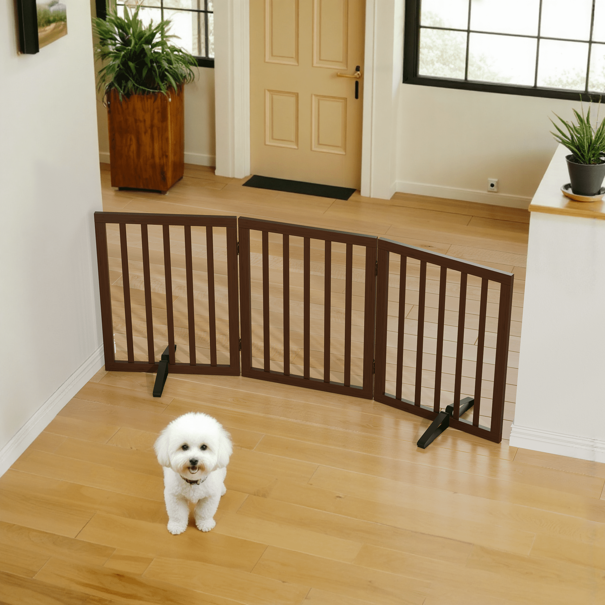 Smart FENDEE Bamboo Dog Gate Freestanding 3 Panel Pet Gate for Doorways, 2 Support Feet, Espresso