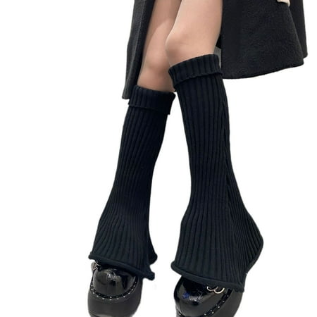 

Sofullue Women Harajuku Chunky Ribbed Knit Flare Leg Warmers Solid Color Striped Turn Cuff Foot Cover Gothic Street Slim Footless Knee High Socks