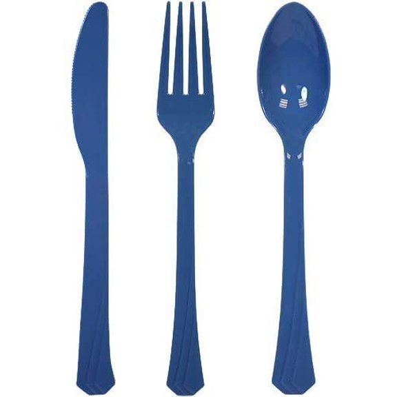 Tiger Chef Plastic Cutlery Set Heavy Duty Colored Plastic Silverware - Includes 32 Forks, 32 Teaspoons, and 32 Knives (Blue, 96)