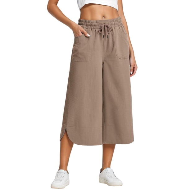 Pantalones capri deportivos casuales de color liso con cordón para mujer, cintura elástica, para verano