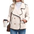 thumbnail image 2 of Women Contrast Trim Double Breasted -Jacket Long Sleeve Cropped Casual Loose Fit Coats with Pockets Beige S, 2 of 9