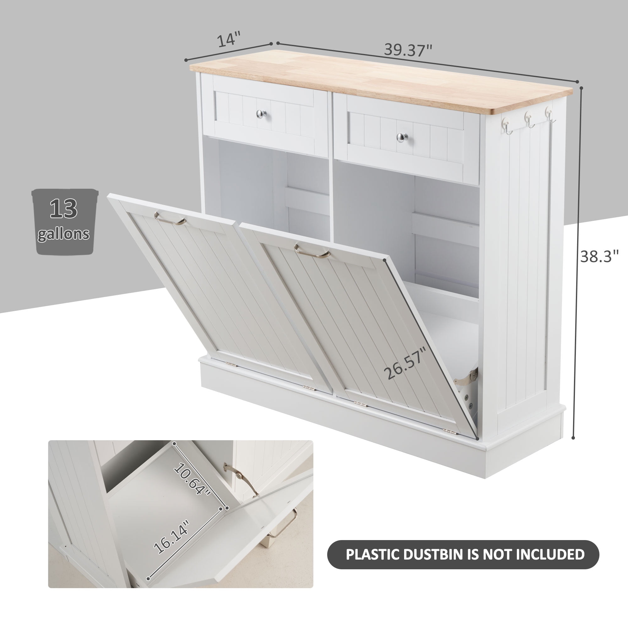 HARIPUL Double Tilt Out Trash Cabinet, 26 Gallon Trash Can Cabinet with Drawers & Handles for Kitchen, White/Light Brown Top
