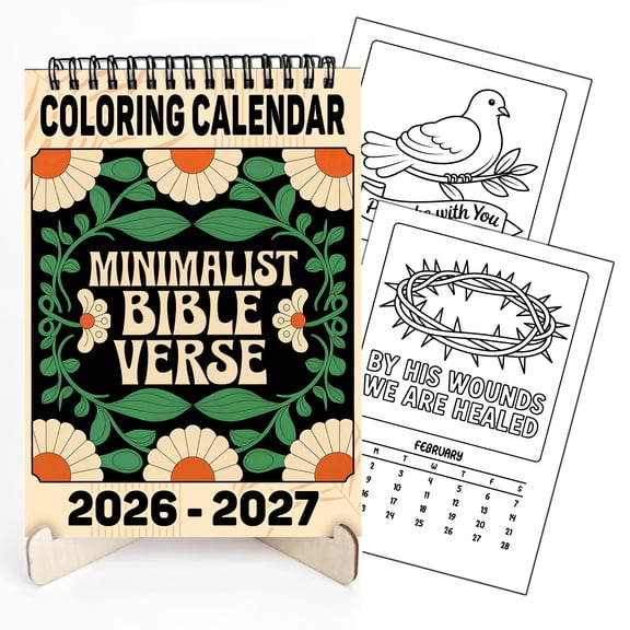 Minimalist Bible Verse Coloring Desk Calendar 2026–2027, A5 Wooden Cover Planner with 26 Easy Coloring Pages for Adult Relaxation, 24 Month Desktop Calendar, Gift for Family & Friends