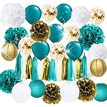 teal gold confetti decorations balloons shower poms tassel lanterns pom garland tissue latex engagement bridal birthday baby