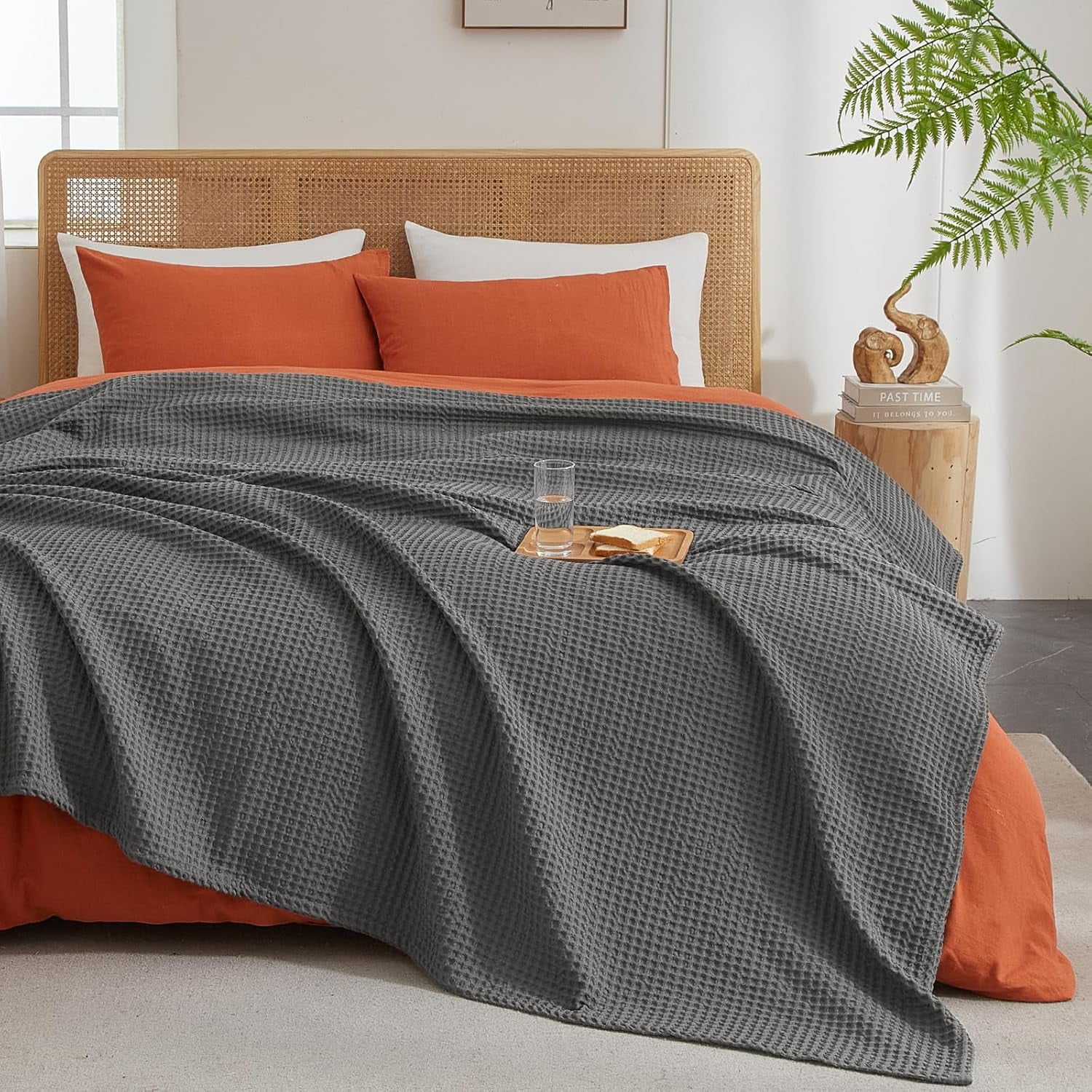 PHF Ultra Soft Waffle Weave Blanket Twin Size, Washed Lightweight Summer Breathable Blankets for Hot Sleeper, Grey, 66x90 inches