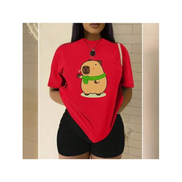 Playera Blusa De Capybara Enviando Un Corazon Ropa Chic Capibara Color Rojo Talla Chica Marca Emil SaEs