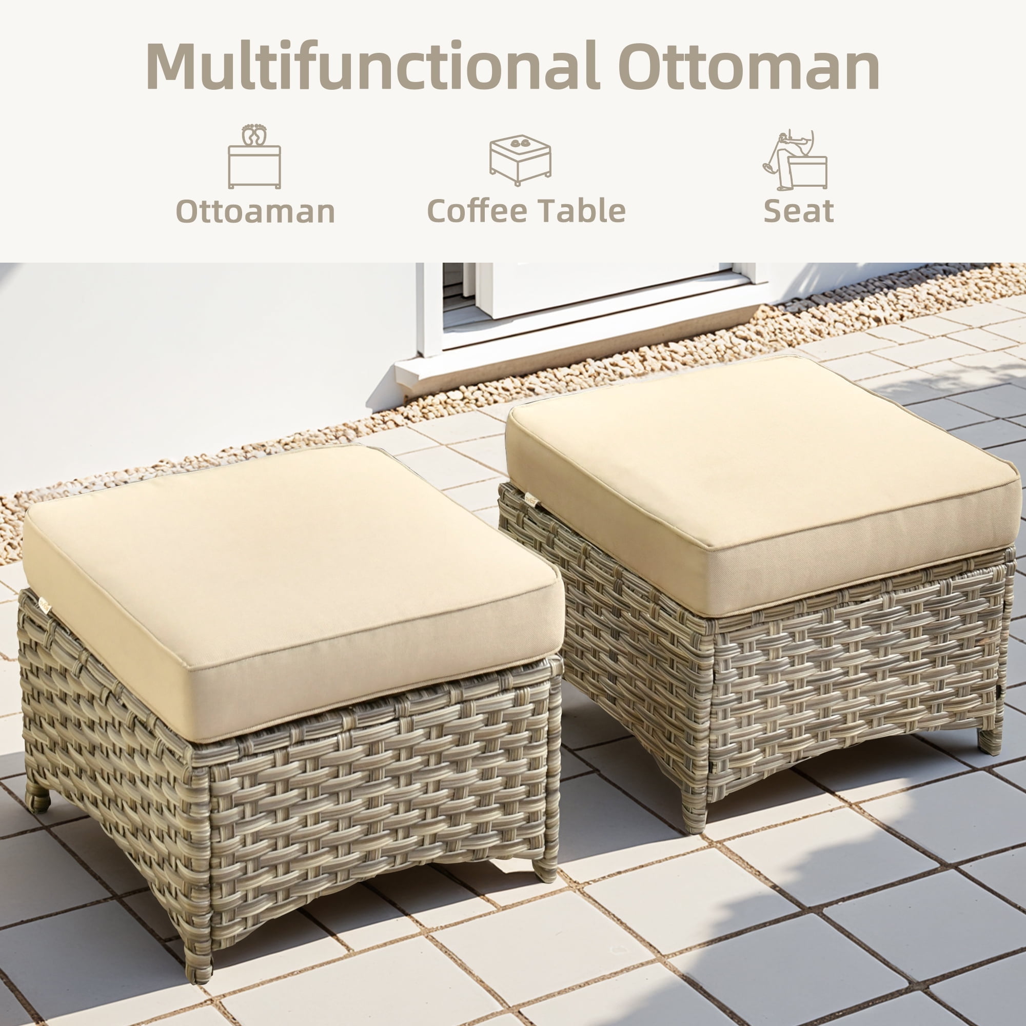 Ovios 8-Piece Outdoor Patio Furniture Set with Solar-Powered Lighted Coffee Table All-Weather Wicker Conversation Seating with Ottomans, Beige