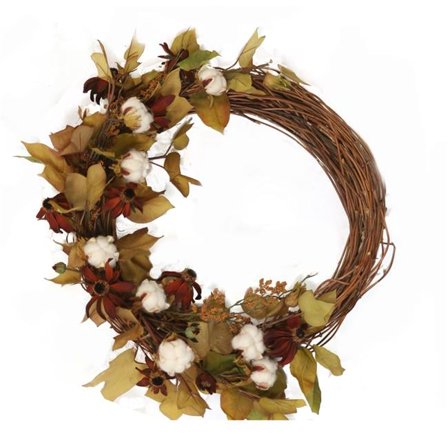 22 in. Unisex Fall Wreath with Cotton & Flowers - Brown