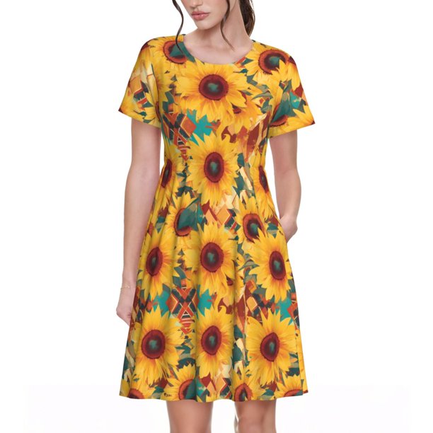 Easygdp Colorful Bohemian Sunflower para Vestido Transpirable de Mujer, Vestido Suelto de Manga Corta con Pliegues y Bolsillos para el Verano