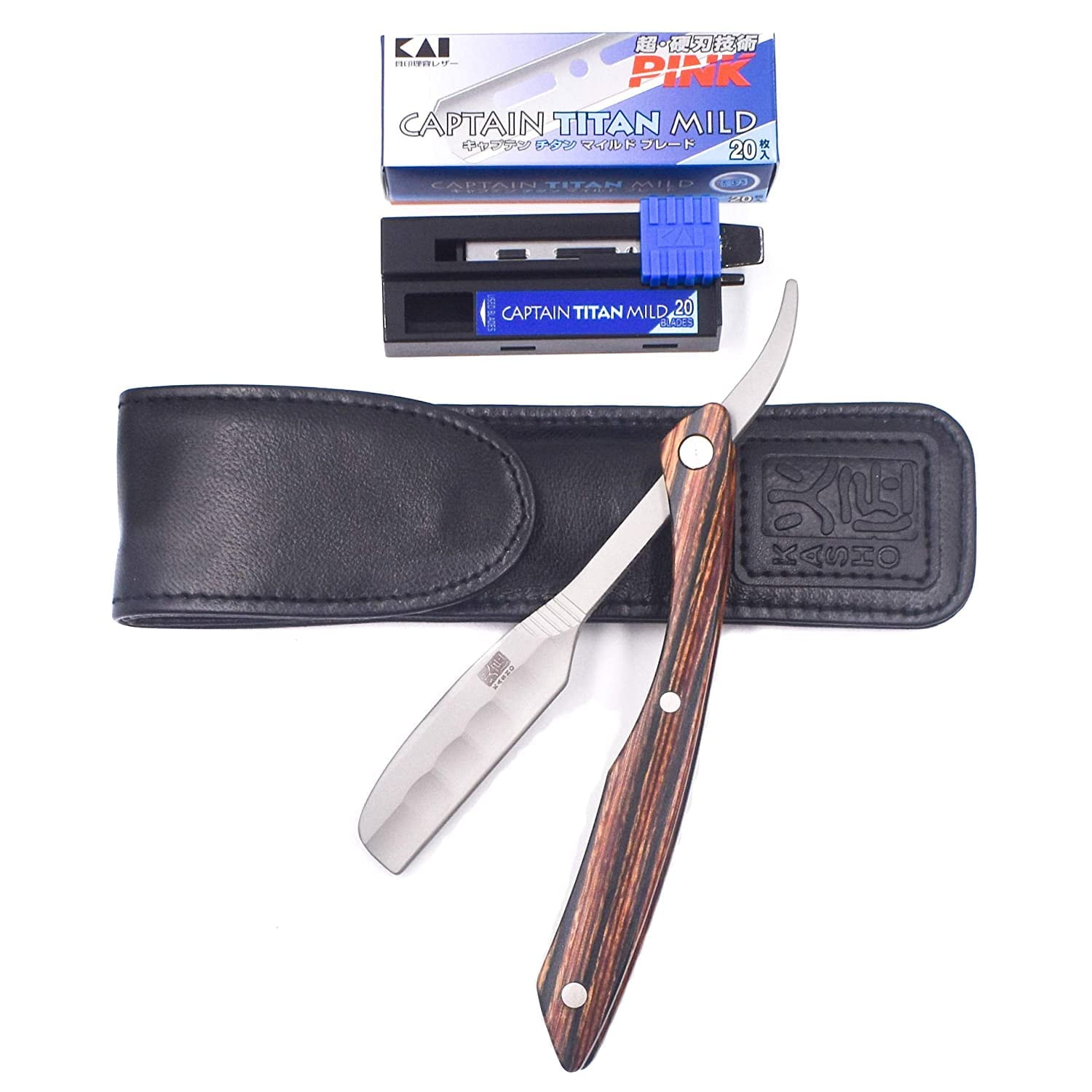 Kai Kasho Captain Woody Professional Folding Japanese Straight Edge Barbering Razor with Leather Case, Compatible with Feather Artist Club and Kai Captain Blades, 20 Kai Captain Titan Blades Included