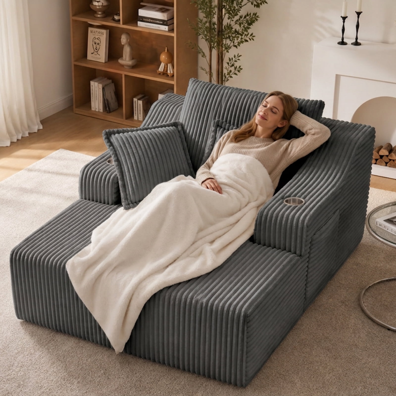 47" Wide Oversized Single Chaise Lounge Chair, 67'' Sleeper Sofa Bed with Cup Holders & 3 Pillows