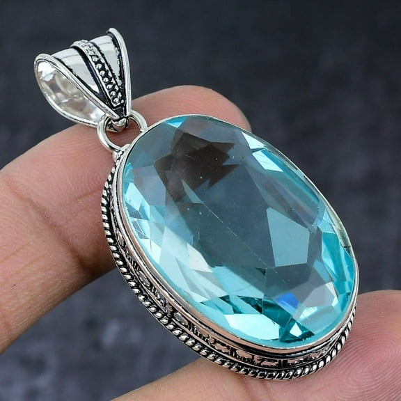 Natural Swiss Blue Topaz Handmade 925 Sterling Silver Jewelry Pendant 2.09"