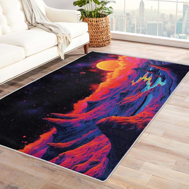 Vaporwave Area Rug - 4x5 Rug - Vaporwave Rug - 80s Neon Sunset Mountain Area Rug - Abstract Synthwave Rugs - Retro Futurism Carpet