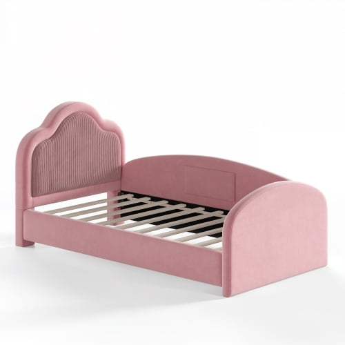 Twin Size Upholstered Kids Floor Bed with Curved Headboard, Safety Side Rails and Storage Pocket, Pink