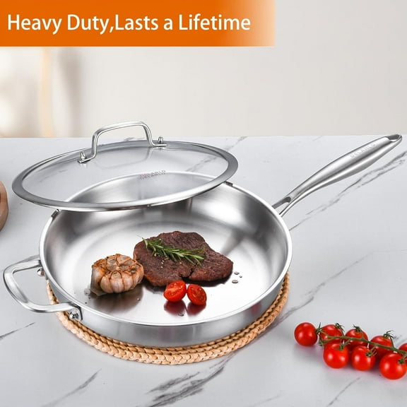 12inch Tri-Ply Stainless Steel Pan with Lid - Compatible with All Cooktops  to 600℉