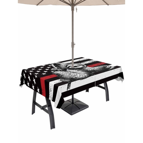 Outdoor Tablecloth with Umbrella Hole for Patio/Picnic/Party/Camping, American Flag Waterproof Table Cloth Rectangle Table Cover Washable, Cute Sloth Star Striped Flag Viintage Black (60"x 120")