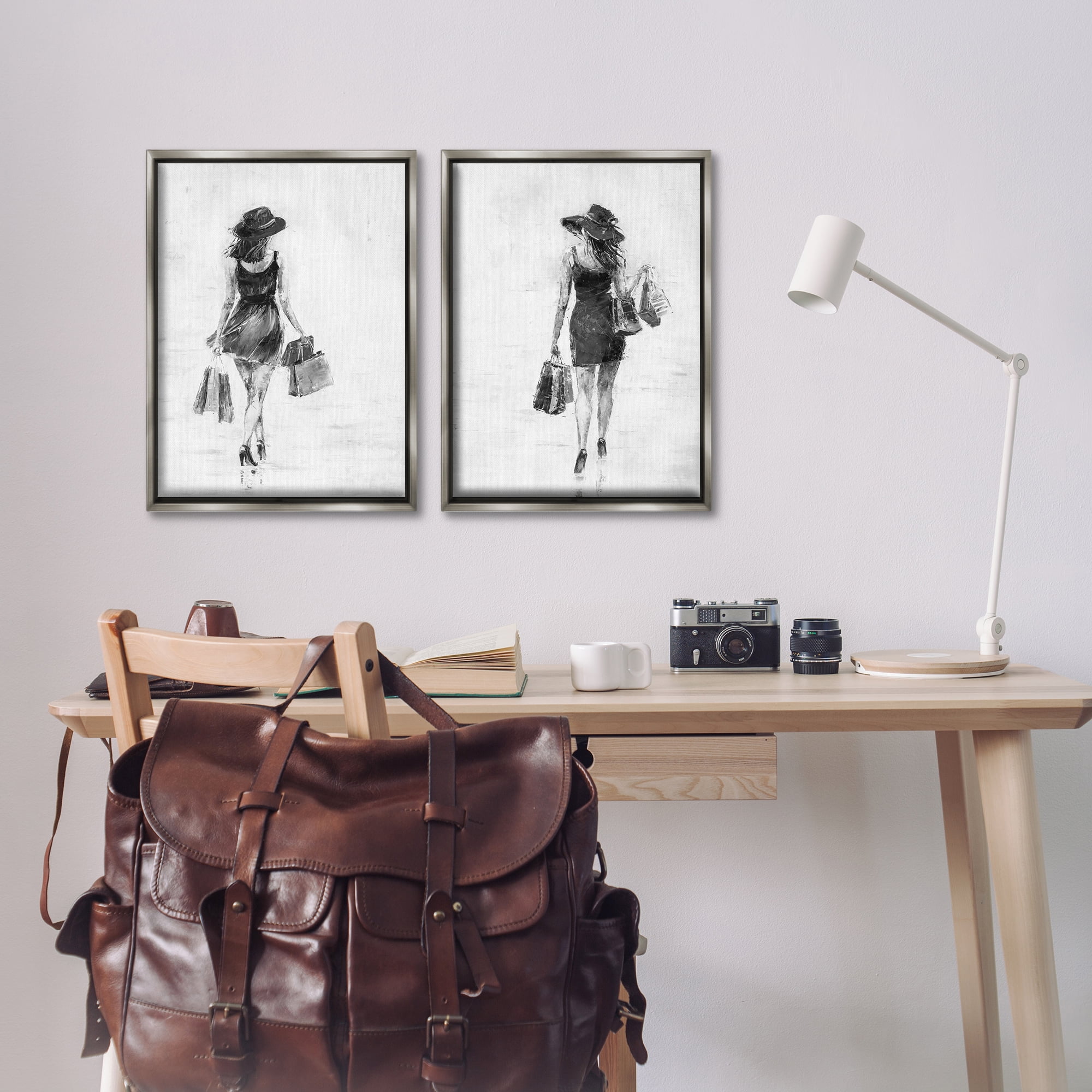 Stupell Industries Female Figures Shopping Bags People Painting Gray Floater Framed Canvas Art Print Wall Art, 17 x 25, Set of 2