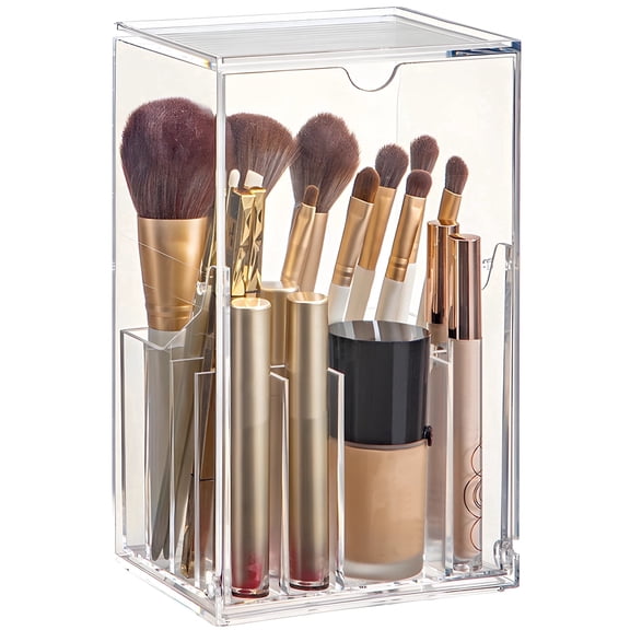 Makeup Brush Holder Organizer for Vanity, Transparent Acrylic Cosmetic Storage Box with Compartments, Large Opening, Dust-Proof Lid